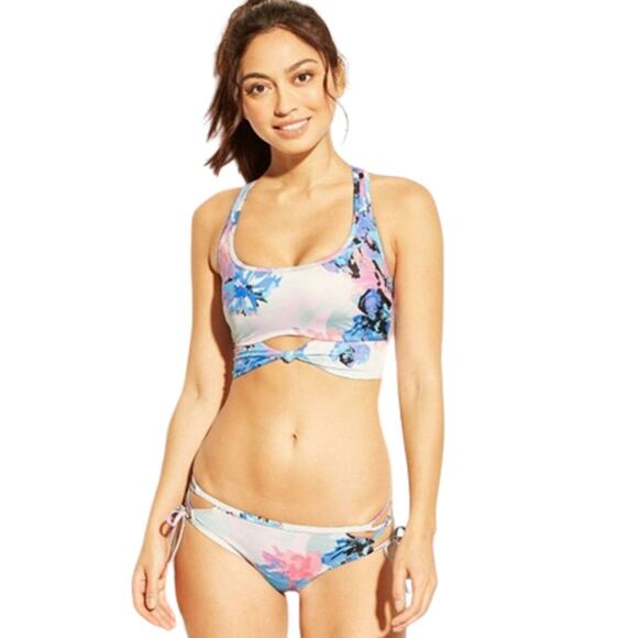 2 FOR $5 SALE NWT Joy Lab Tie Hipster Bikini Bottom Medium Blue Floral - Picture 9 of 10